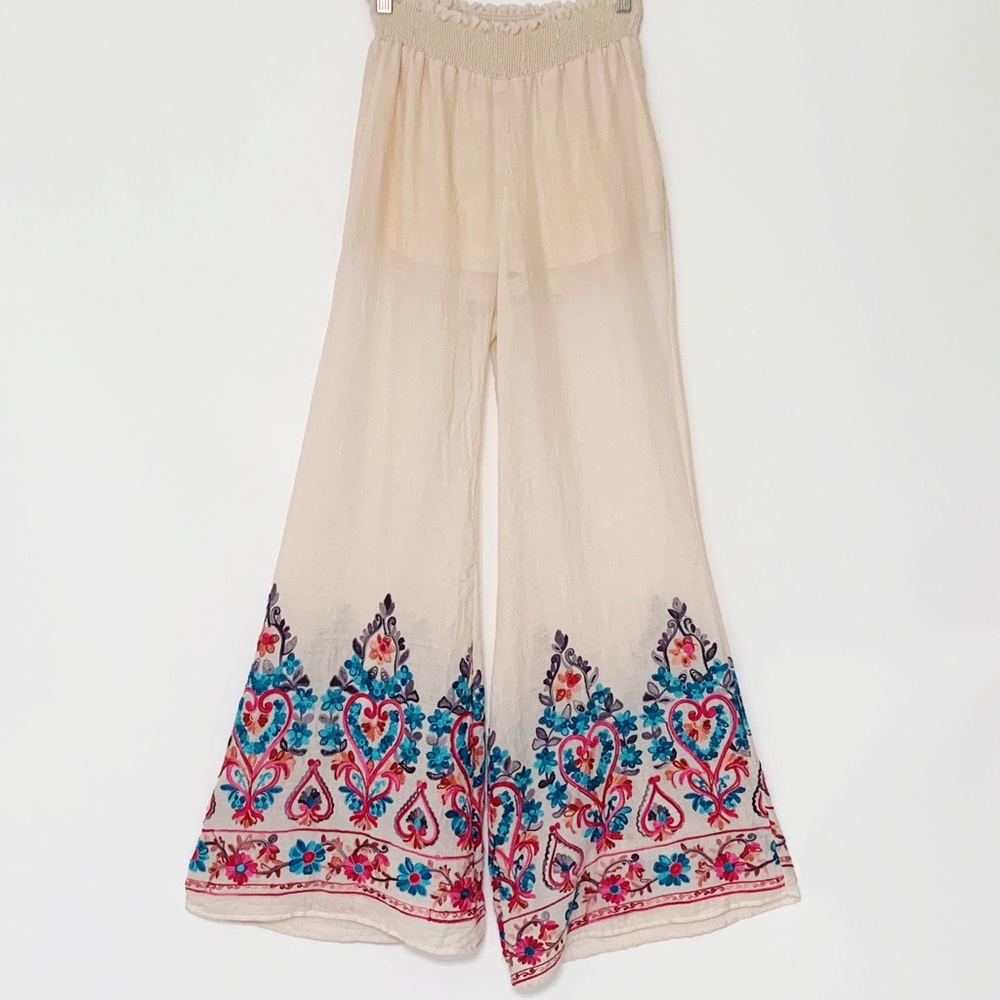 Black Bead Palazzo Pants with Floral Embroidery - Size S.